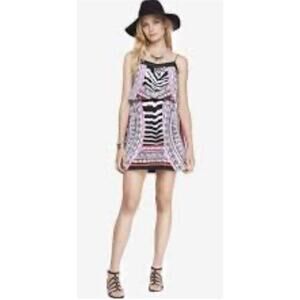 NEW Express Mini Dress Blouson Vibrant Spaghetti Zebra Aztec Print Black Pink Lg